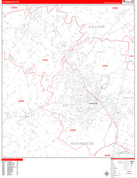 Johnson City City Wall Map Red Line Style